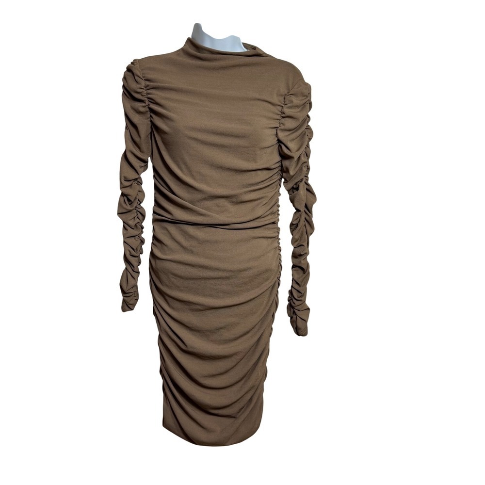 ASTR The Label Ruched Mock Neck Long Sleeve Bodycon Mini Dress Tan Size M - Picture 3 of 8